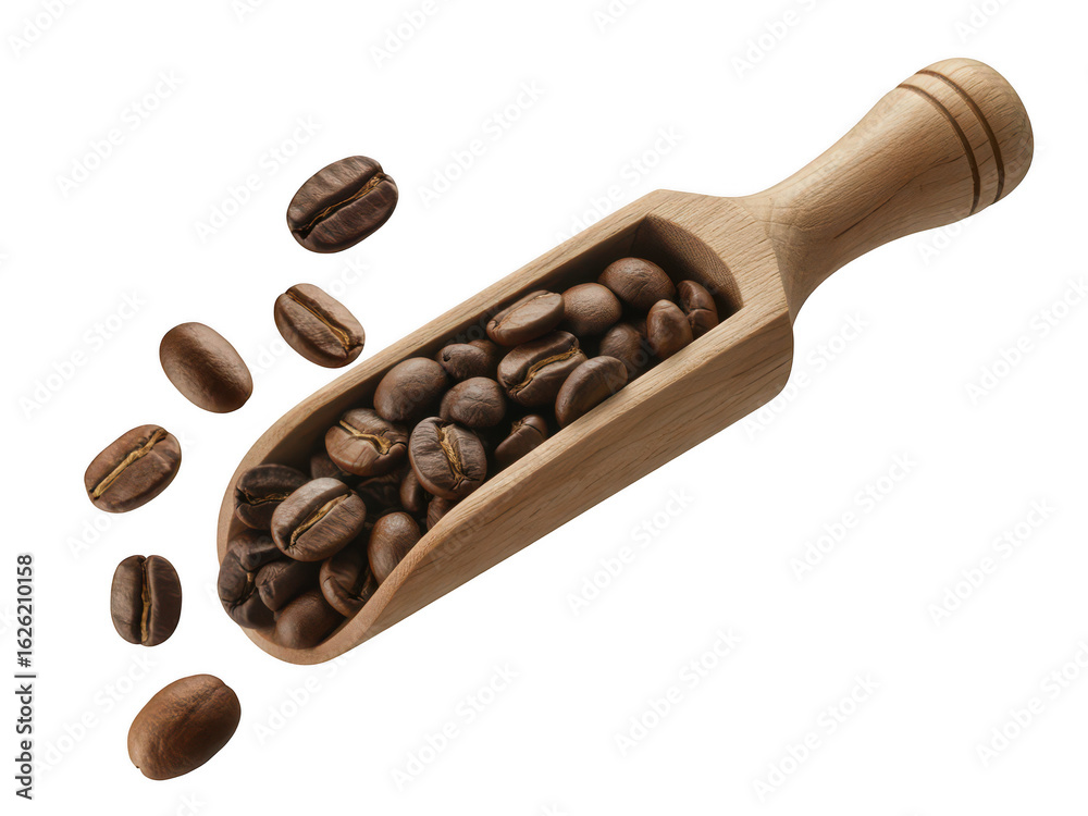 Fototapeta premium Wooden Scoop and Coffee Beans on transparent background