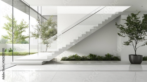 Modern open-plan interior with glass walls, white staircase, and lush greenery
