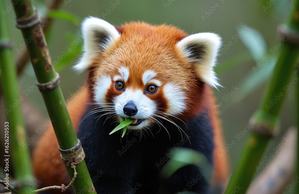 Fototapeta premium Adorable red panda eating green bamboo leaves. Small mammal, also known as Ailurus fulgens, fluffy fur, distinctive facial markings. Sits amongst bamboo stalks in natural habitat, showing cute,