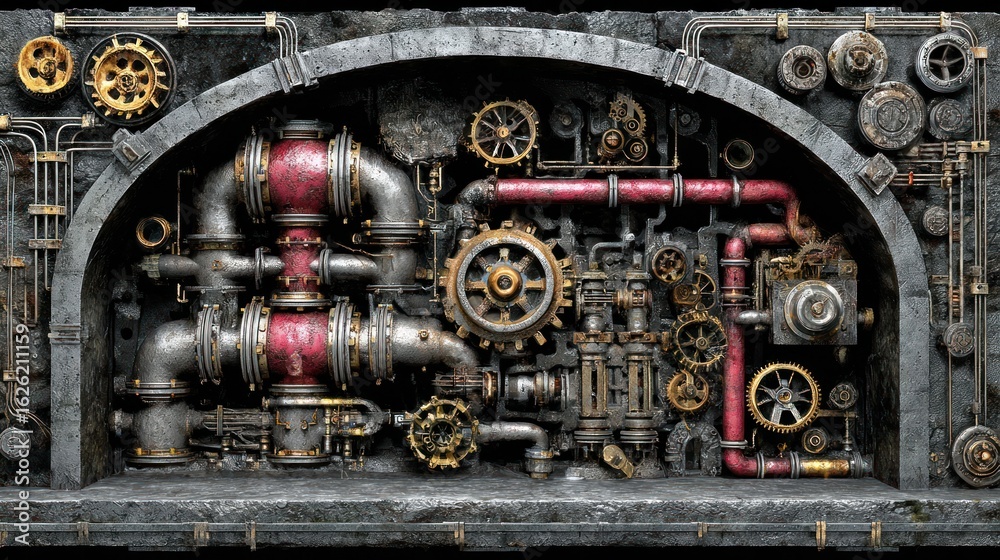 Fototapeta premium Intricate steampunk panel, gears and pipes