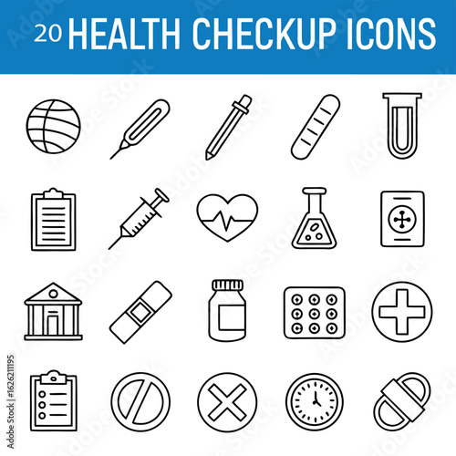 Health Checkup Icons: A comprehensive set of meticulously crafted health checkup icons, suitable for various medical and wellness-related applications. Featuring clean lines and a modern aesthetic.