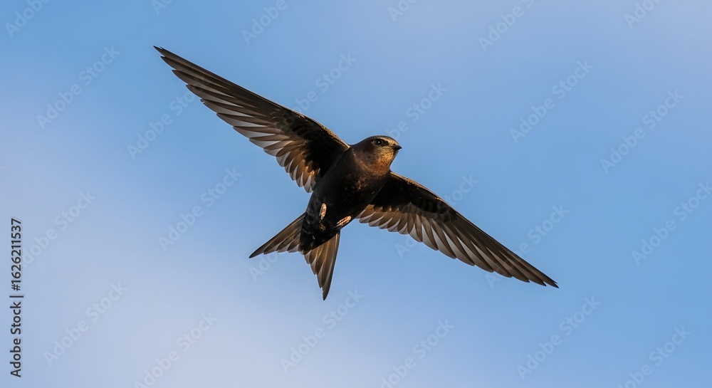 Obraz premium A solitary swift soars through the open blue sky, its wings outstretched in a majestic display of aerial grace.