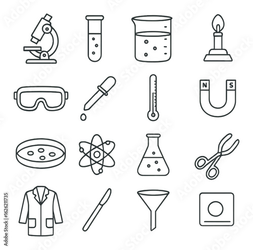 Science equipment icons: microscope, beaker, test tube, magnet, bunsen burner, lab tools