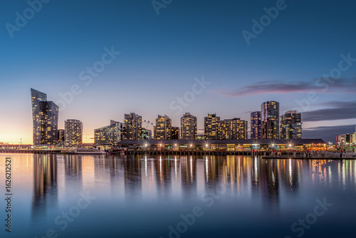 Melbourne docklands skyline at sunset