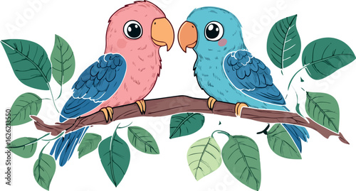 Two adorable cartoon lovebirds one pink and one blue perched on a branch with green leaves