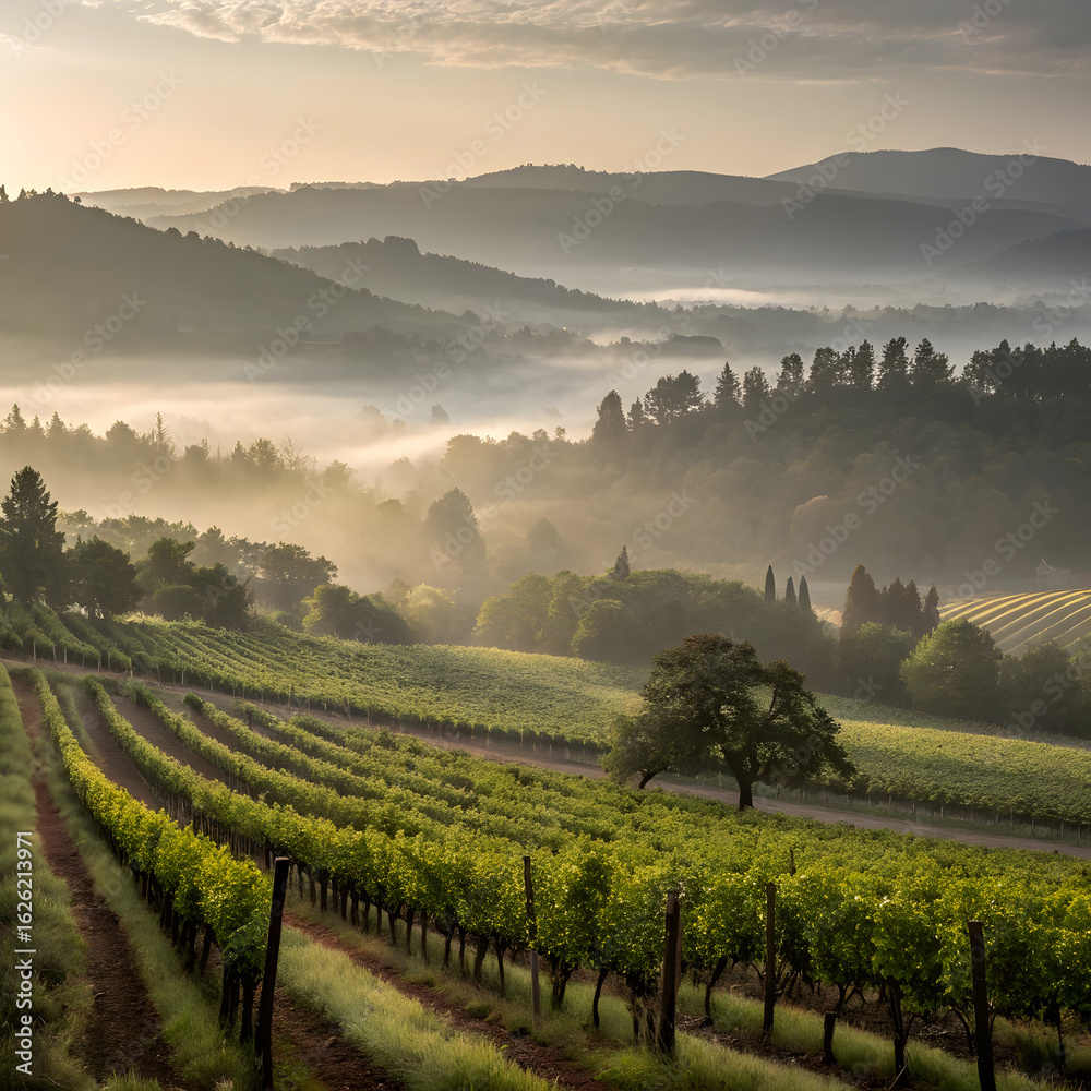 Naklejka premium A serene vineyard valley blanketed with early morning mist, with soft sunlight piercing through the fog and lighting the vine rows.