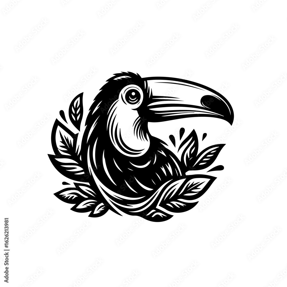 Fototapeta premium Stylized Toucan Bird Head Illustration with Tropical Leaves.