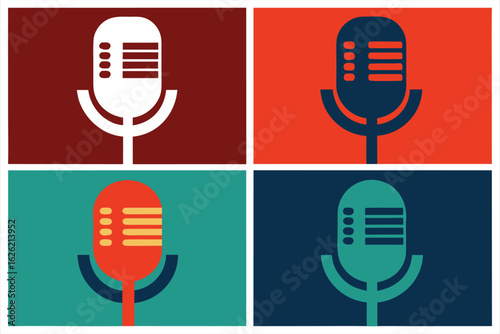 Four stylized microphones in different color blocks white on maroon, blue on orange, orange on teal, and teal on navy blue, representing audio and broadcasting