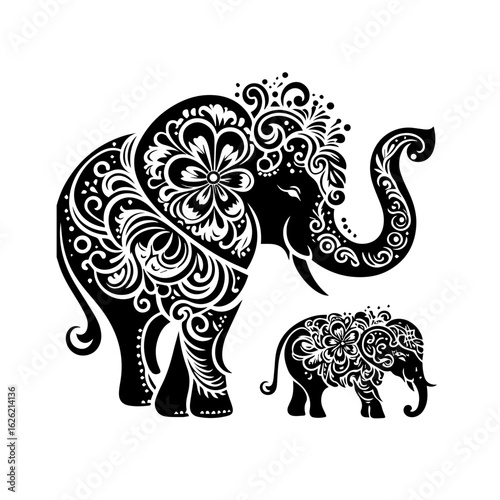 Ornate Elephant Family with Floral Patterns.