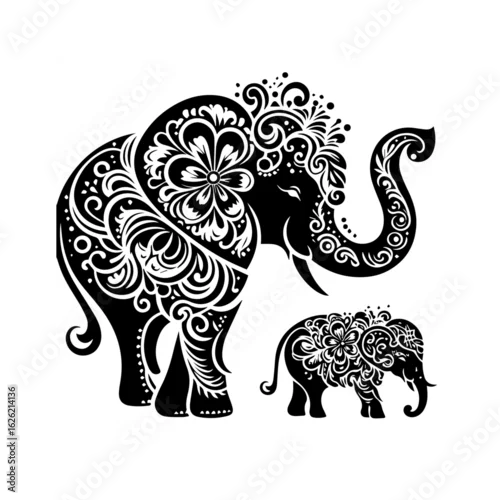 Fototapeta Ornate Elephant Family with Floral Patterns.