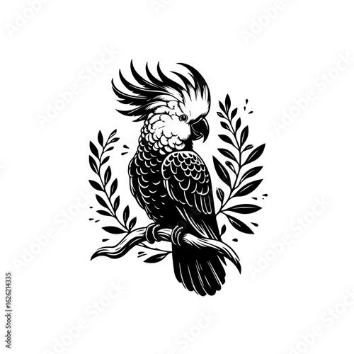 Elegant Cockatoo Perched on Branch Illustration.