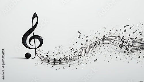 Flowing Black Musical Notes with Treble Clef in an Artistic Sketch Style on a White Background