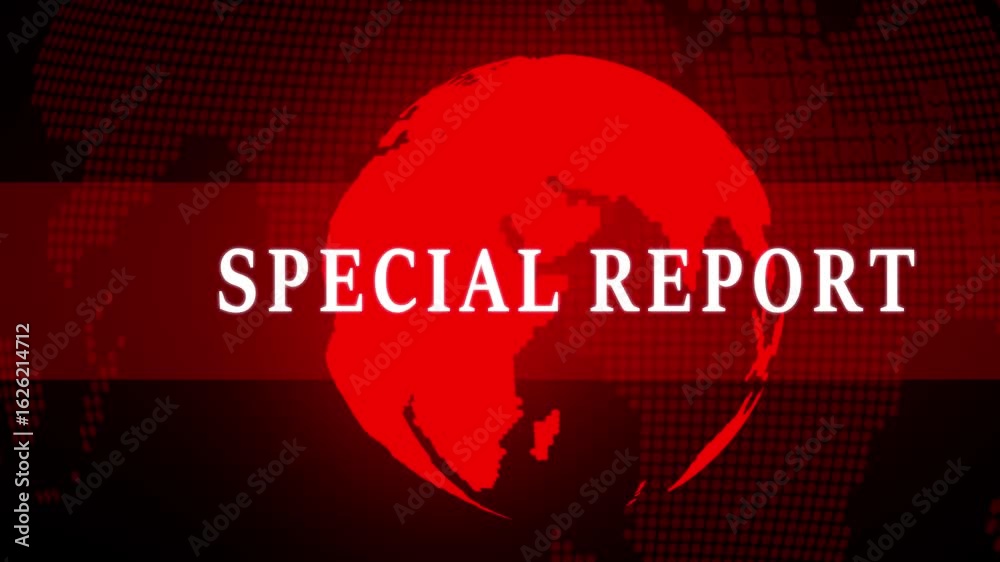 Special report broadcasting news intro graphics animation. Lead-in with rotating globe and title on abstract dynamic red ,Animated News Special Report Open Intro Transition