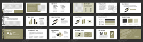 Minimalist corporate presentation template with branding and color palette