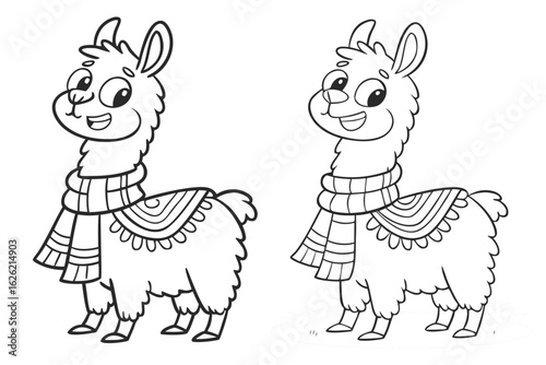 Coloring Pages, cute llama with a scarf, cartoon style, colorless, for coloring book
