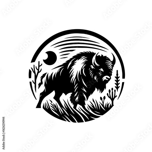 Majestic Bison Silhouette in Natural Landscape Vector.