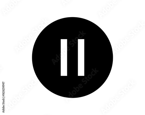 Circular pause button icon with white parallel bars. Minimalist media player control symbol for digital applications