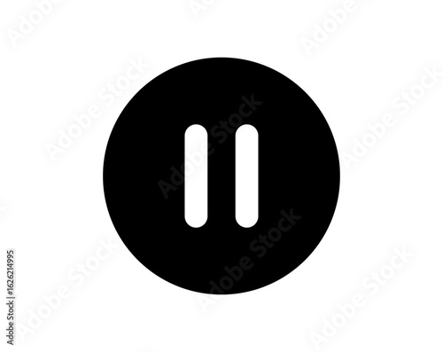 Circular pause button icon with white parallel bars. Minimalist media player control symbol for digital applications