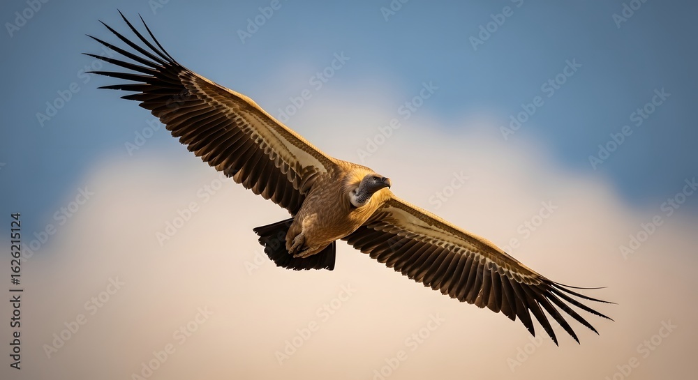 Naklejka premium Majestic Griffon Vulture soaring in the sky with wings spread wide.