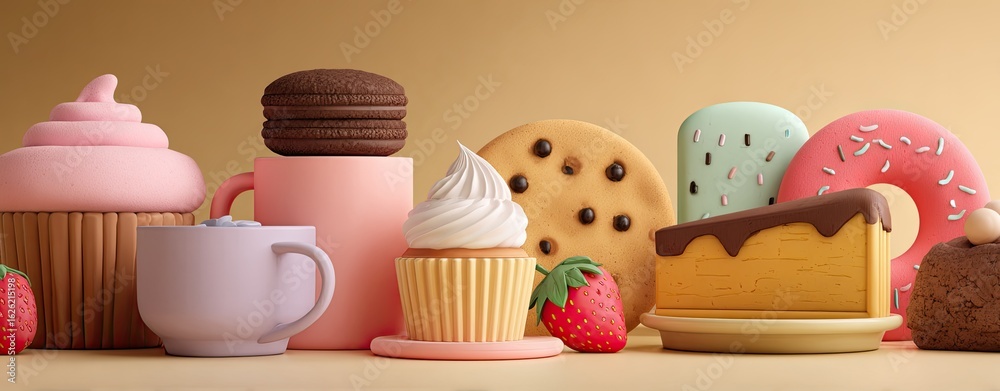 Colorful pastries and sweets on a light beige background Colorful pastries and sweets on a light beige background