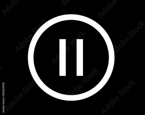 Circular pause button icon with white parallel bars. Minimalist media player control symbol for digital applications