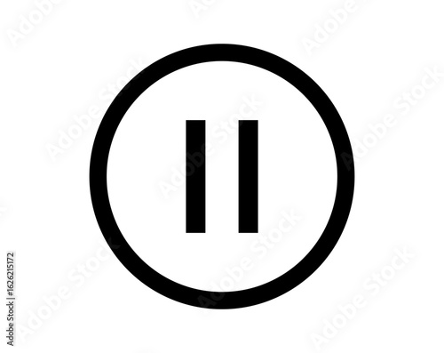 Circular pause button icon with white parallel bars. Minimalist media player control symbol for digital applications