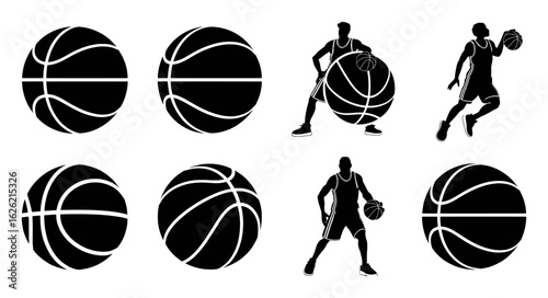 Basketball players and balls silhouettes sport game