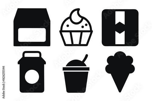 Group of six stylized black and white icons depicting popular food and drink items, including milk cartons, cupcakes, ice cream cones, and takeaway cups, isolated on a white background