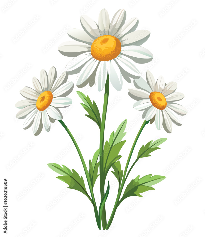 Fototapeta premium Fresh spring daisies with yellow centers and white petals, isolated on a white background, blossom beautifully