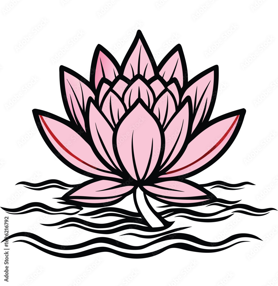 Fototapeta premium Pink lotus flower vector with green leaf and floral elements, a beautiful symbol of nature and purity