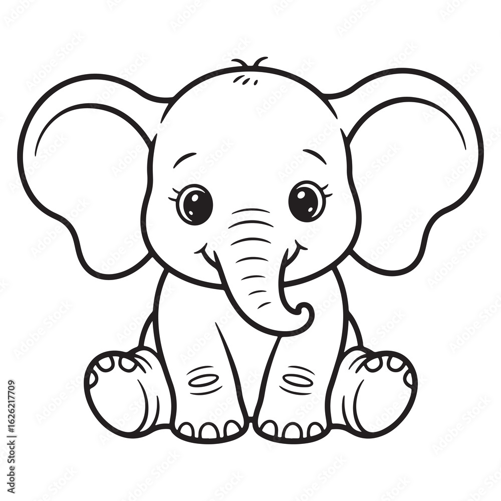 Obraz premium Baby Elephant Sitting – Jungle Animal Line Art Coloring Page