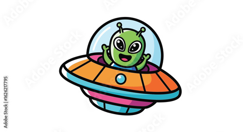 Cute Cartoon Alien in Flying Saucer

