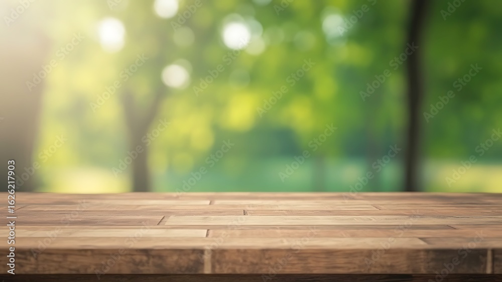 Rustic wooden table with a sun-drenched nature background for product mockups and outdoor events Rustic wooden table with a sun-drenched nature background for product mockups and outdoor events
