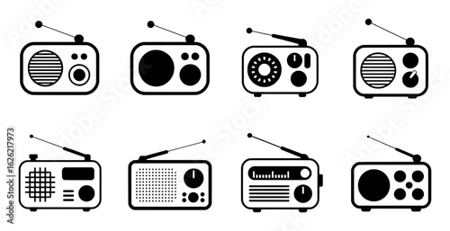 Black and white radio icons with antennas and dials broadcast audio
