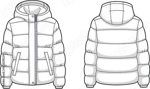 Front and back technical flat sketch of padded puffer jacket with hood, zipper closure, pockets, winter outerwear fashion design, vector apparel template illustration