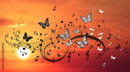 Melody of Butterflies at Sunset. A vivid sunset serves as the backdrop for a whimsical scene where musical notes and butterflies intertwine. 
