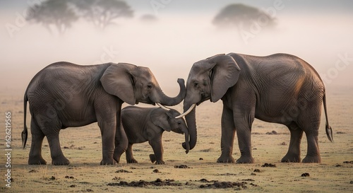 A loving African elephant family with a young calf sharing a tender moment on the misty savanna at sunrise