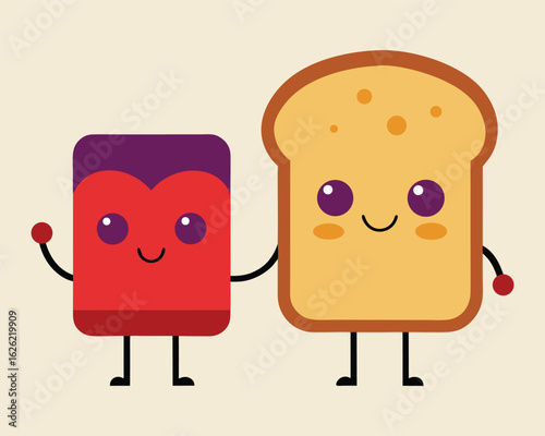 Vector art of a cute cartoon pair of toast and jam characters holding hands and smiling happily, isolated on a light background, symbolizing a delightful breakfast.