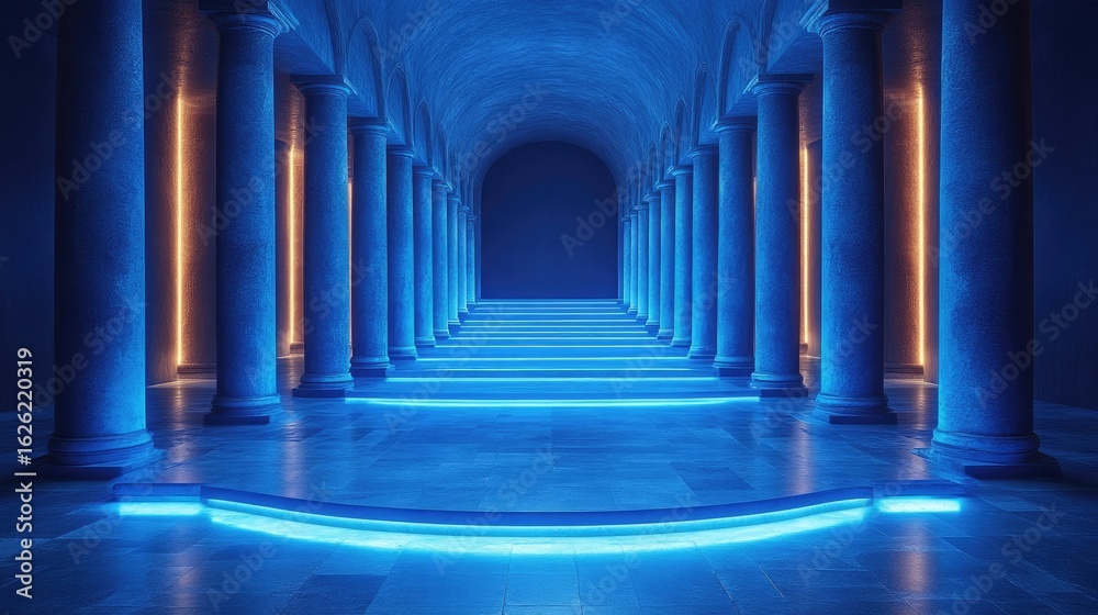 Obraz premium Futuristic Blue and Orange Lit Column Hallway