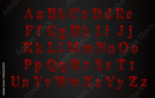 Vector bloody Halloween font isolated on dark semi transparent background. Beautiful red letters with blood stains.