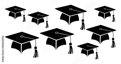 Black graduation caps with tassels scattered across white background academic education