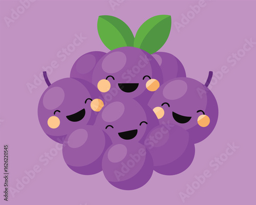 Vector art of group of happy cartoon grapes with smiling faces, isolated on a purple background, representing healthy and delicious fruit.