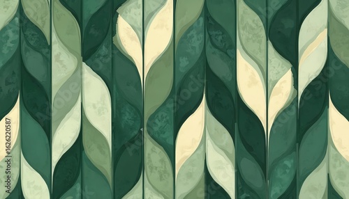 Abstract geometric pattern featuring flowing leaf-like shapes in various shades of green, cream. Design uses vertical stripes with watercolor texture, creating organic, modern wallpaper fabric