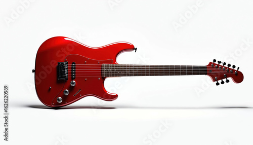 Shiny red electric guitar, six strings, six tuning pegs, polished body. Features sleek modern design perfect for rock, blues, pop music. Instrument offers versatility for musicians of levels.