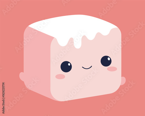 Vector art of cute pink marshmallow character with a happy face and white icing on top, isolated on a soft pink background, kawaii food illustration.