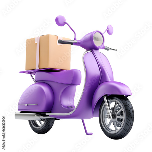 Vibrant purple delivery scooter efficiently transports a securely packaged parcel, symbolizing quick and modern logistics solutions for your business needs.