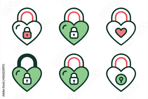 Set of heartshaped padlocks in various green shades, featuring lock icons, representing love, security, and nature, isolated on white background
