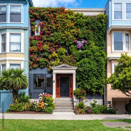 Wallpaper Mural A charming house adorned with vibrant flowers blooming along its side, creating a picturesque scene filled with color and natural beauty. Torontodigital.ca
