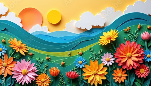 Paper quilling illustration shows vibrant floral landscape. Green hills, blue water waves, sunny sky with clouds. Colorful flowers bloom in garden. Craft art style evokes harmony, joy, springtime.