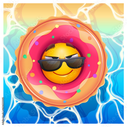 Happy emoji in donut inflatable swimming pool ring . Summer emoticon with sunglases swimming on sea waves. Positive vibes, good mood, vacation, travel, holiday concept